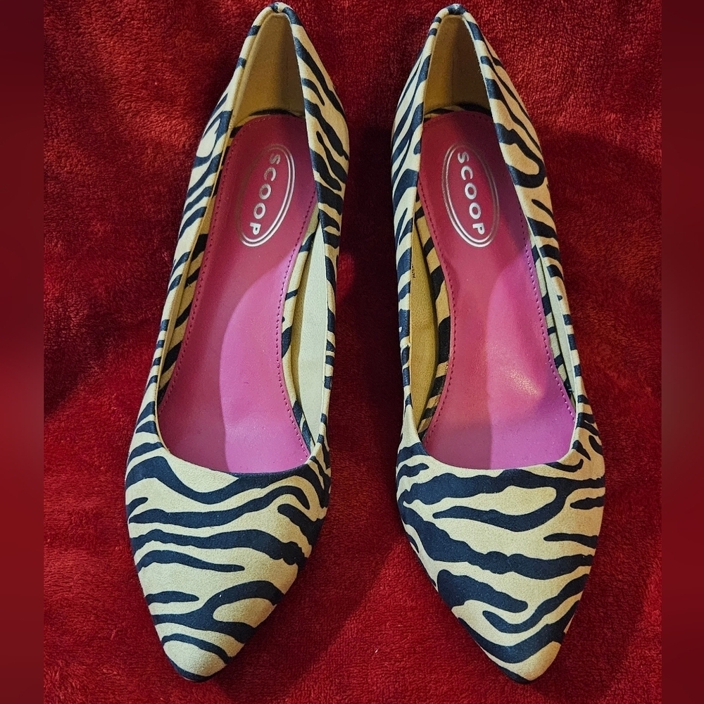 Scoop Zebra-Print Pointed Toe Heels in Beige and Black